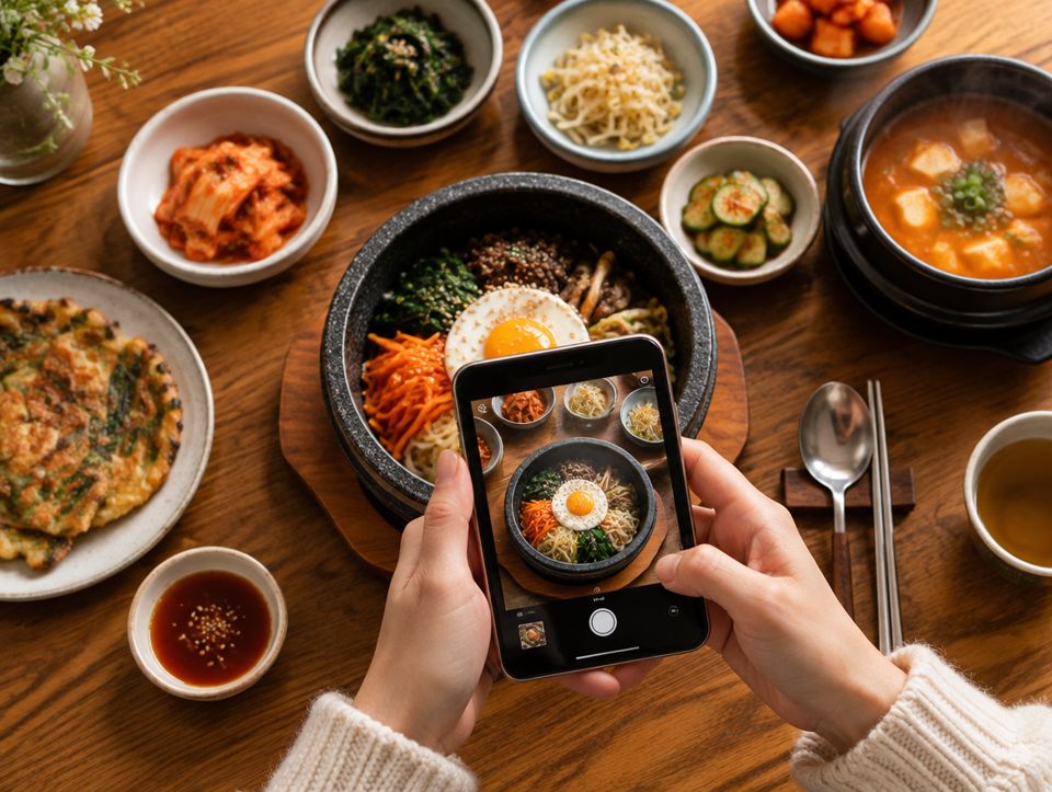 한식 한 상을 휴대폰으로 촬영하는 모습 (연출 이미지)